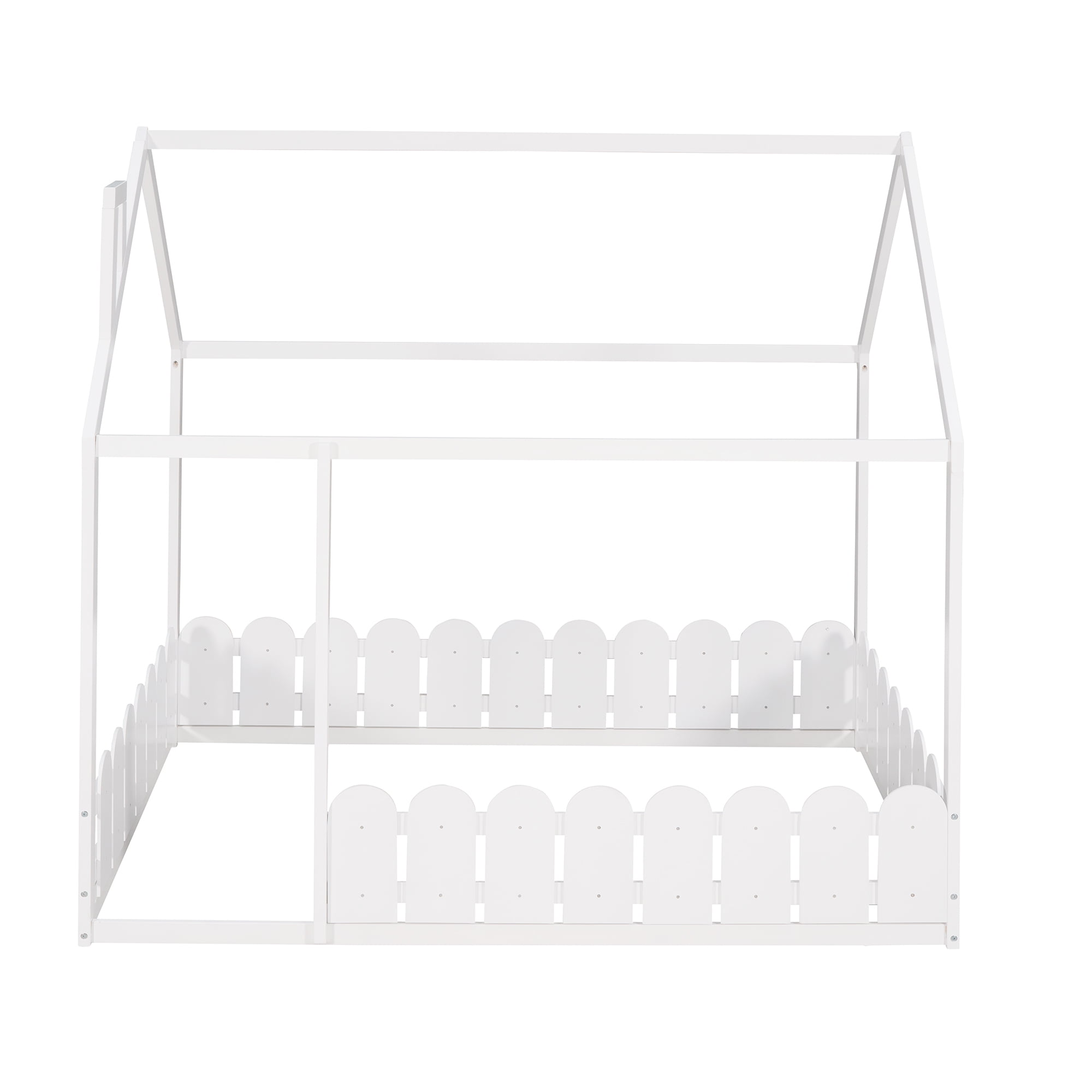 Gewnee Full Size Montessori Bed with Fence, Kids Wood House Bed Frame,White