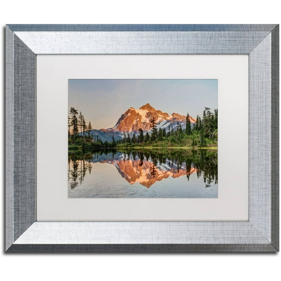 Trademark Fine Art 'Picture Lake Sunset' Canvas Art by Pierre Leclerc, White Matte, Silver Frame