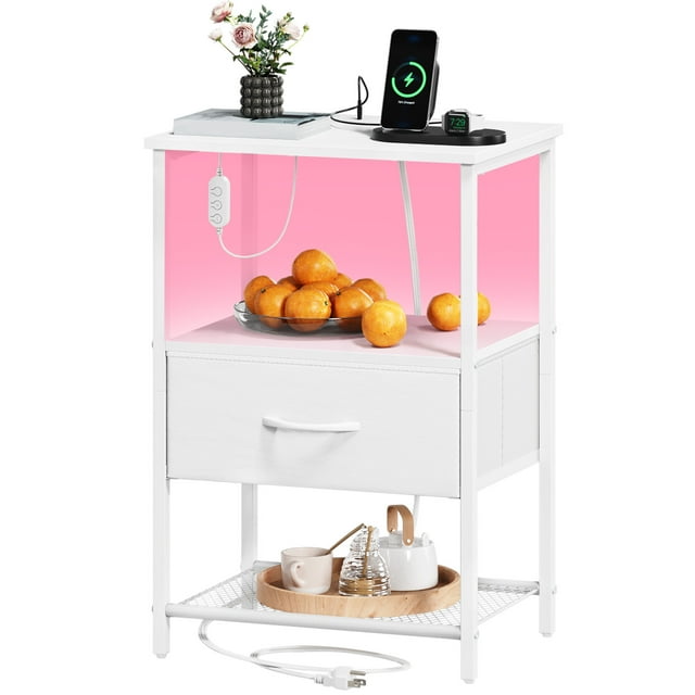 Eunos Bedside Table with Charging Station and LED, Small White Dresser with Drawer and Storage Shelfs