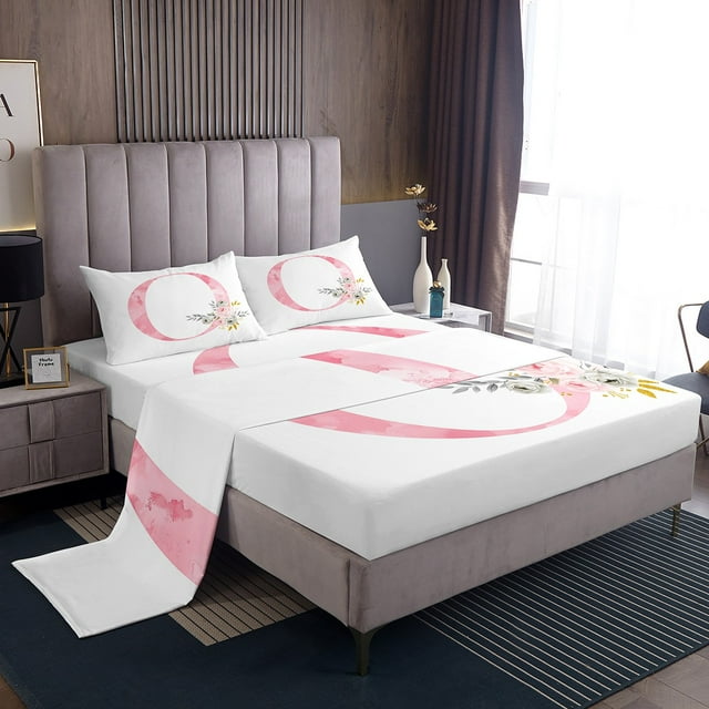 Erosebridal Floral Alphabet Full Sheet Sets,Letter Personalized Bedding Full Size,Initial Monogrammed Bed Sheets Set Full Size,Breathable Flower Room Decor,4pcs