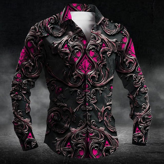 Nueva camisa abotonada de moda para hombre, camisa retro de fiesta de manga larga con cuello rojo 3D y camisas de colores degradados múltiples