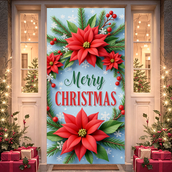 Festive Banner Merry Christmas Decorative Design Red Poinsettia Floral Holiday Decoration for Seasonal Celebration Indoor Venue Winter Party