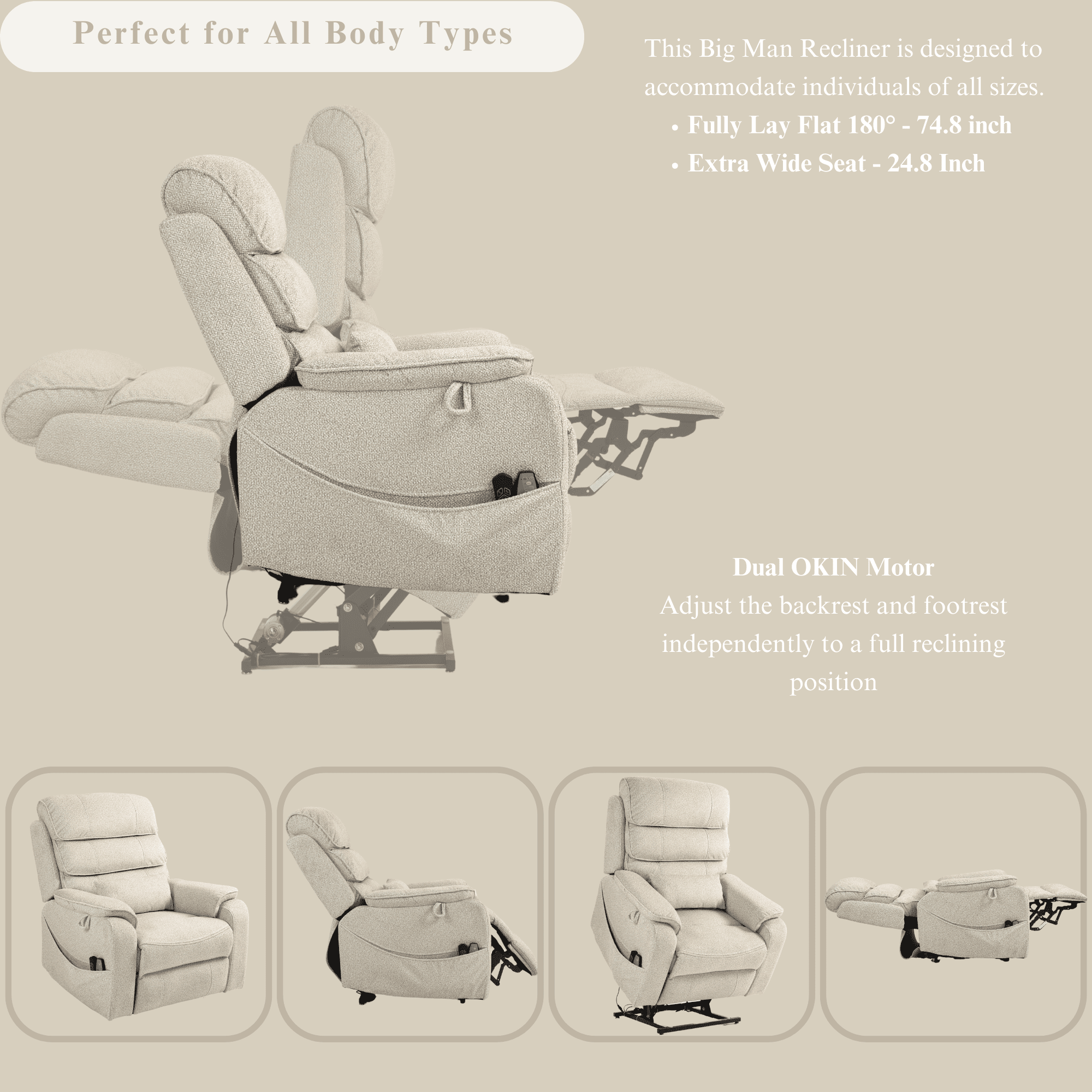 JUUXO Lay Flat Recliner with Tabletop - Wireless Phone Charger, Cup Holder & Lumbar Pillow - Dual Motor Lift Chair Fully Recline Length 74.8 inches - Perfect for Big & Tall - 400 lbs Capacity