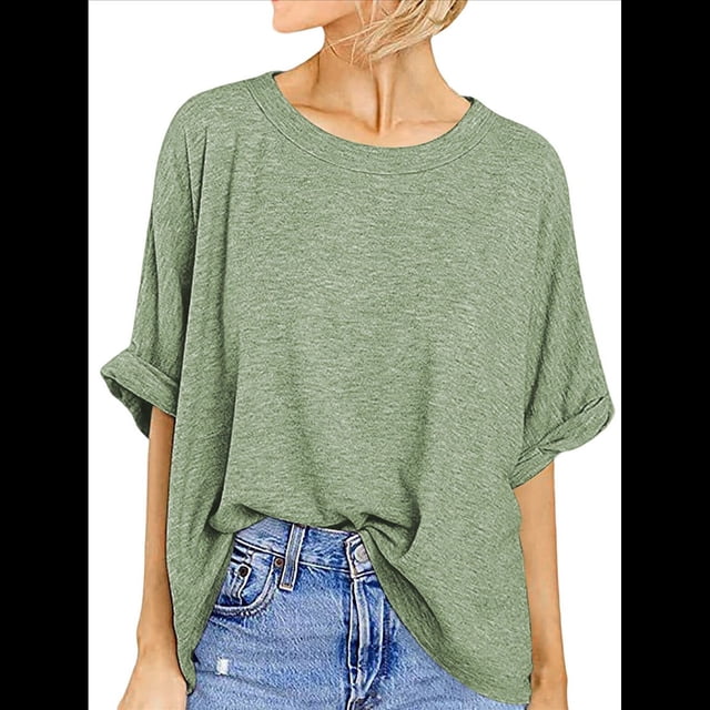 Camiseta Holgada Informal de Verano de Corta para Mujer. Verde XL