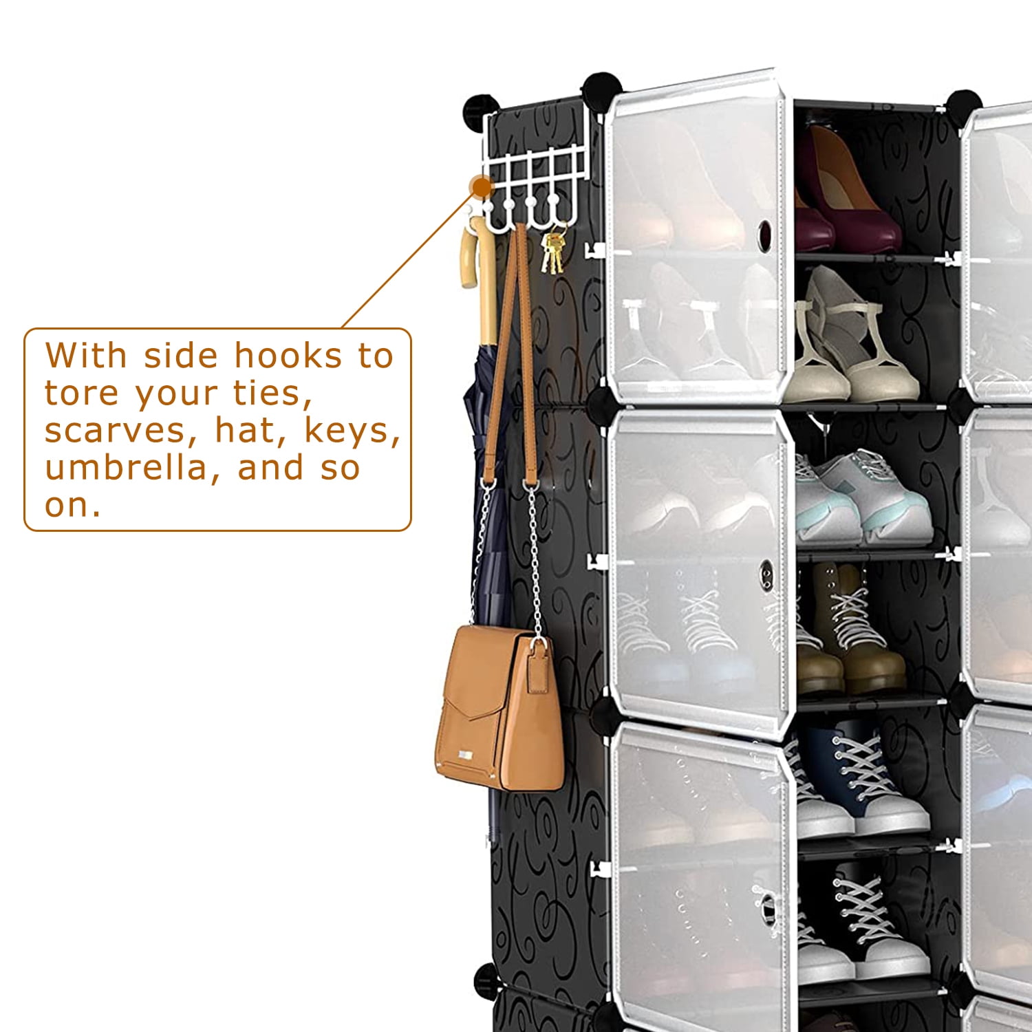 8-Tier Shoe Rack Organizer Stackable Free Standing Shoe Storage Shelf  Plastic Shoe Cabinet Tower with Transparent Doors for Heels Boots Slippers  Entryway Hallway Bedroom