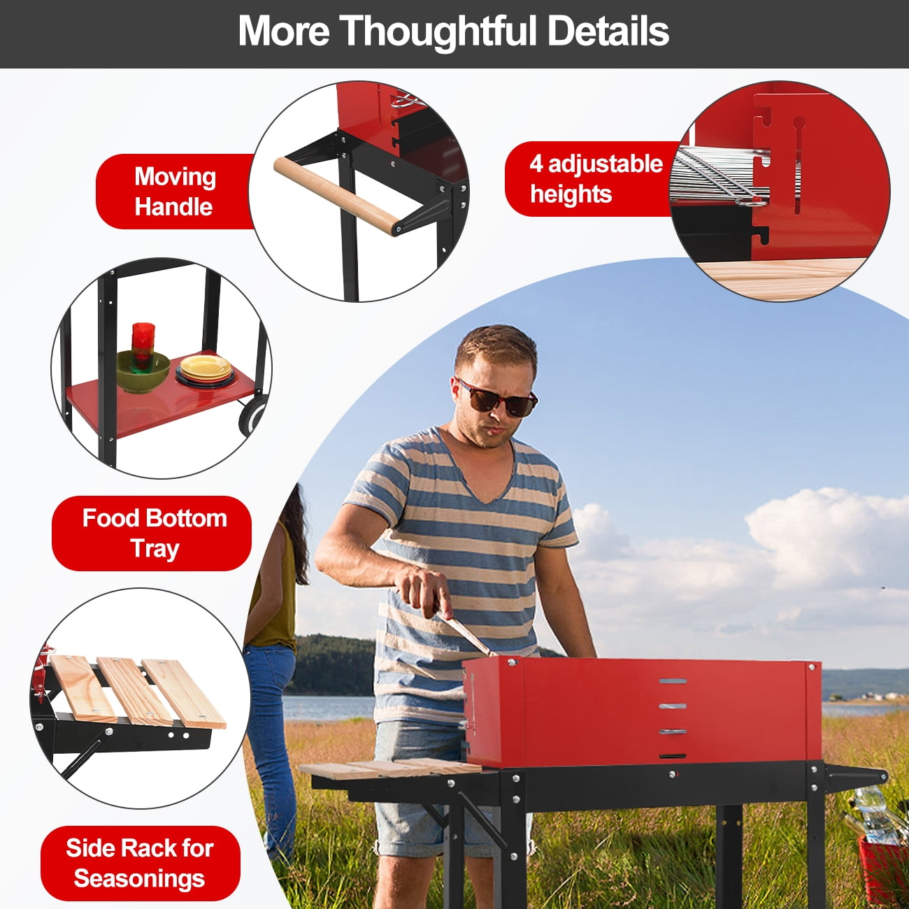 Linsen-outdoors Charcoal Grill Square BBQ Grill For Outdoor Camping Portable Barbecue Grill Patio Cooker Red