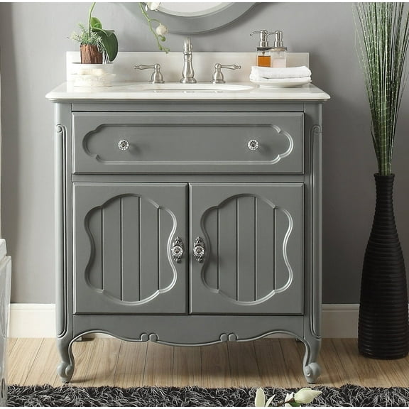 Benton Collection 34" Gray Cottage Bathroom Vanity with White Marble Top