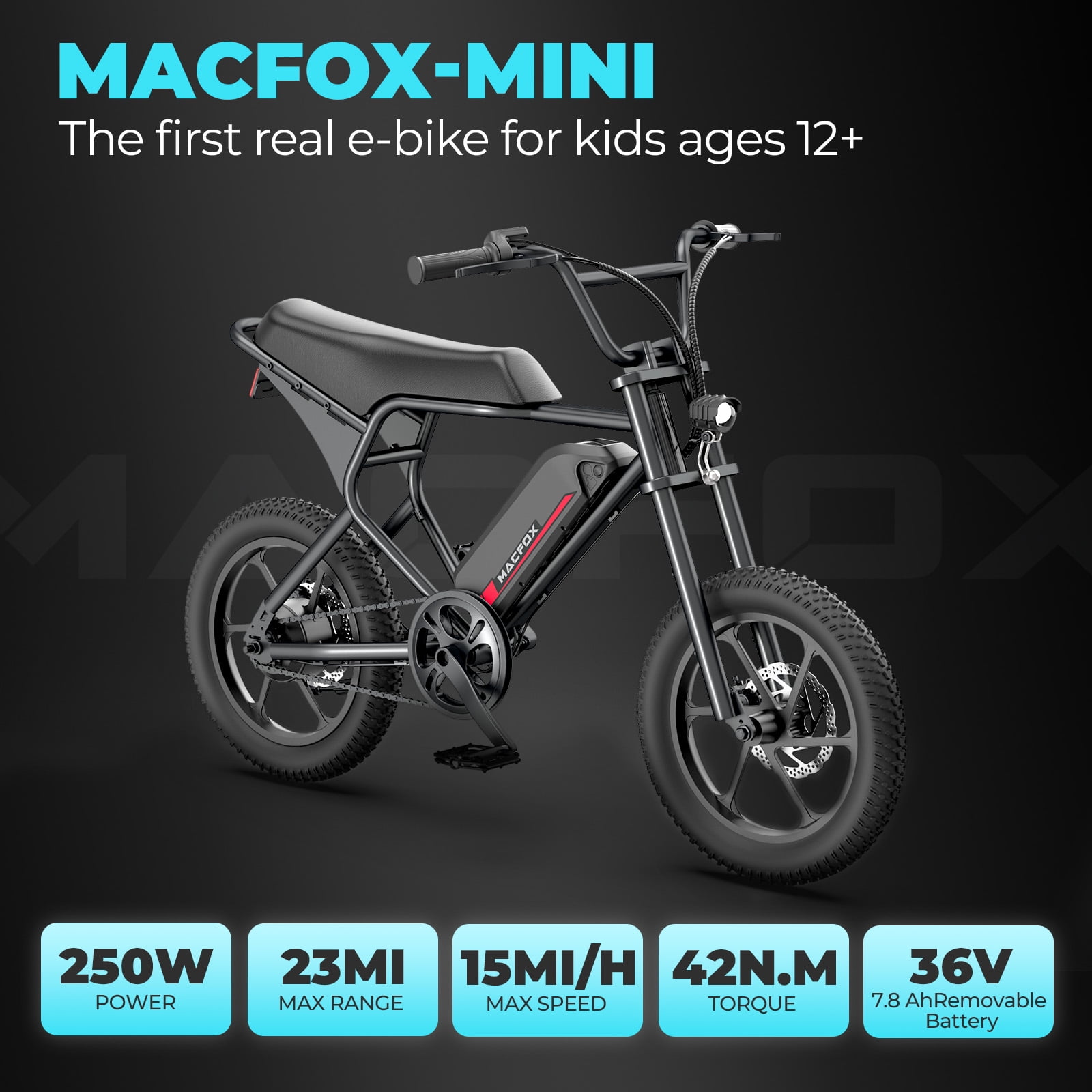MACFOX Mini Fat Tire Electric Bike, 16" Fat Tire Electric Bicycles Up to 16MPH & 23 Miles with Retro Motorcycle Design, Removable Battery, Ebike 250W/36V/7.8Ah, 42N.m Max Torque, Ages 12+