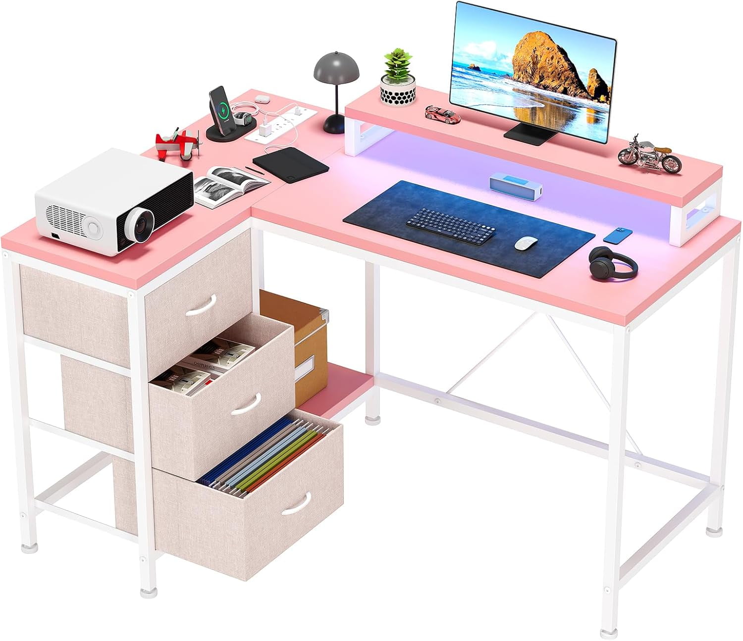 43" L-Shaped Computer Desk with 4 Power Outlets and 7-Color Led Lights, 3-Drawer Gaming Desk