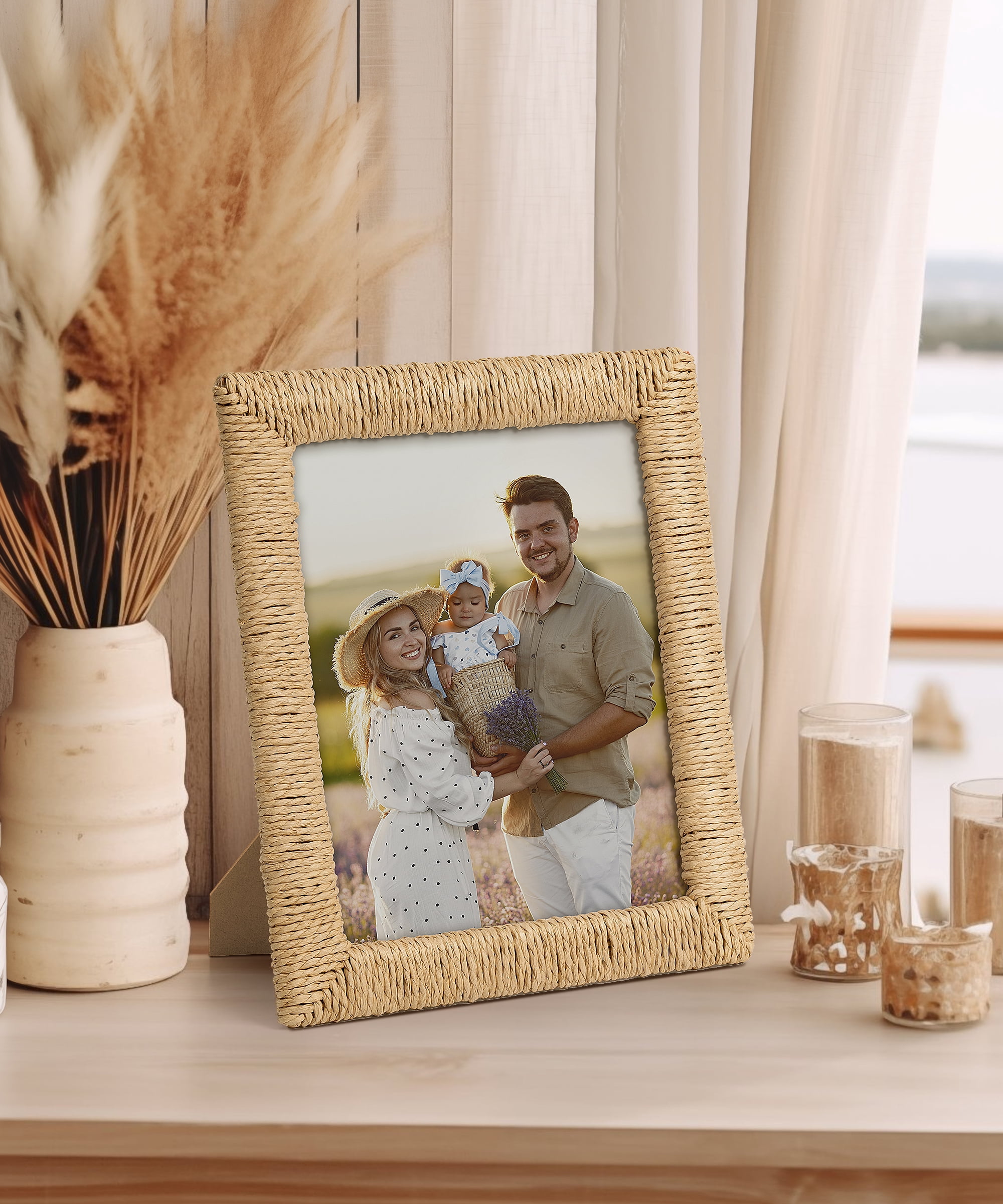 Afuly 8x10 Picture Frame, Boho Picture Frame with Glass and Paper Rope for Wall Hanging or Tabletop Display, Unique Gift for Mom, Grandma, Friends