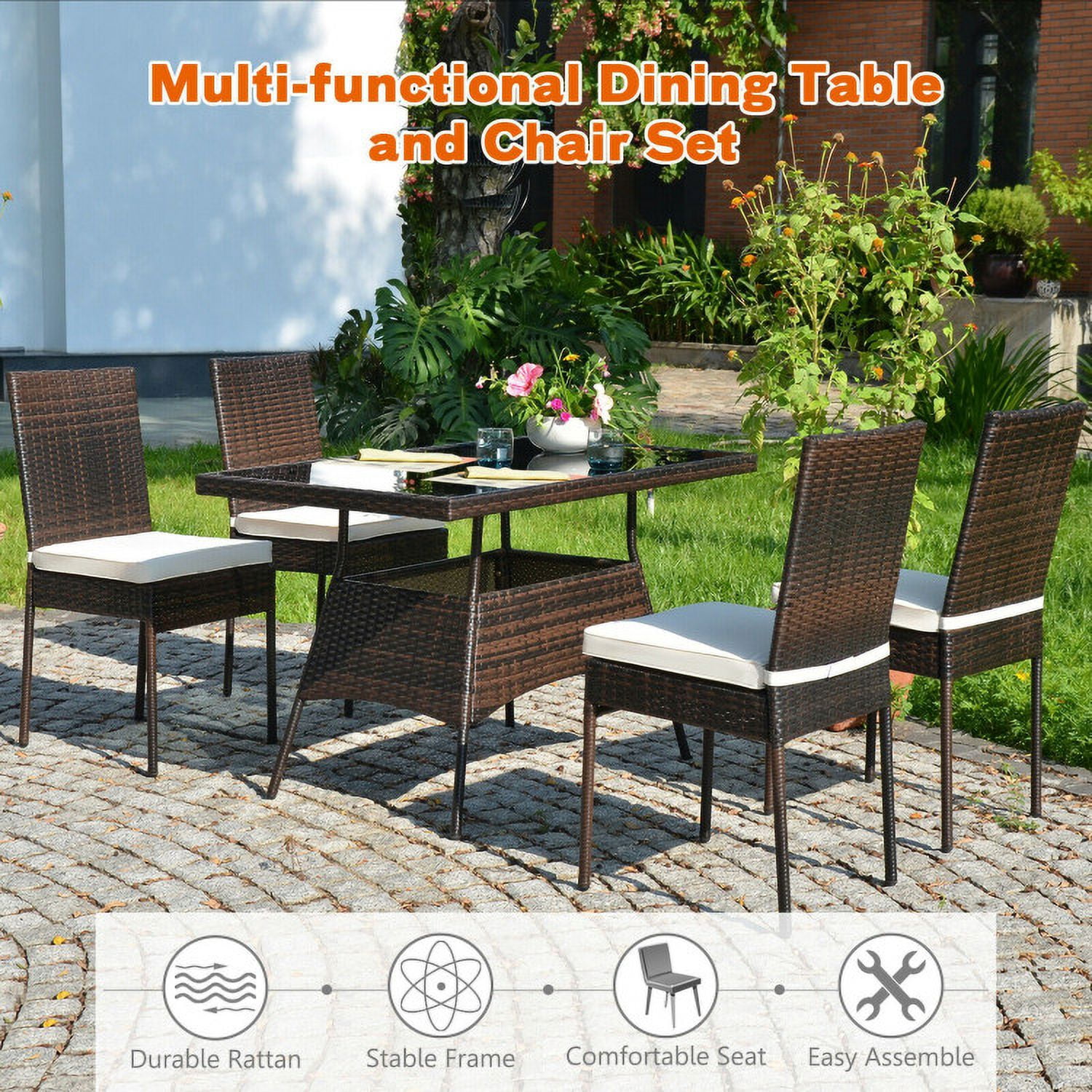 Aimee Lii 5 Pieces Rattan Dining Set Glass Table High Back Chair, Outdoor Patio Furniture