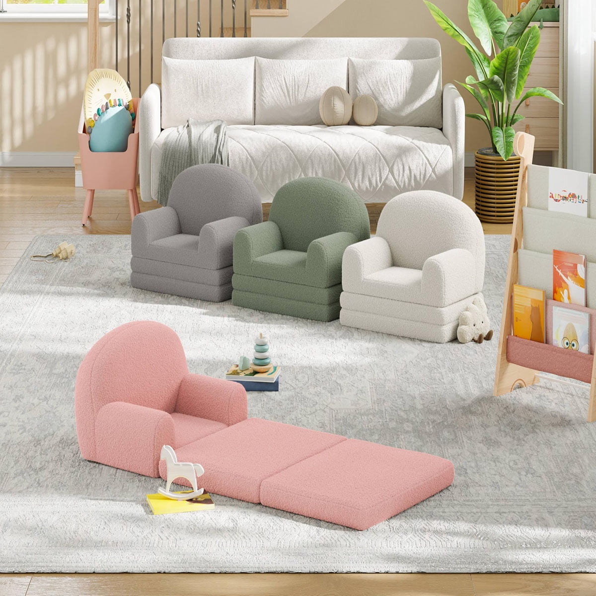 Ataucjin 2-in-1 Kids Sofa Chair, Convertible Toddler Couch Lounge, Comfy Fold Out Teddy Fleece Fabric Children's Sofa Bed for Playroom, Bedroom, Nursery, Gift for Boys & Girls