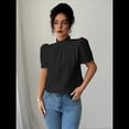 thumbnail image 4 of Camisa de Verano para Mujer, de Corta, con Volantes, Cuello Alto, Floral, , 2025, Blusas Informales, Tops Negro M, 4 of 8