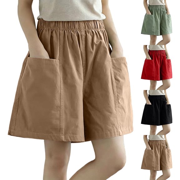 QIUOMBBP Wide Leg Shorts for Women Elastic Waist Casual Cargo Short with Deep Pockets Summer Comfy Camping Hiking Outfits Red L