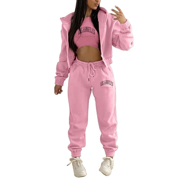 Gibobby Sudaderas de Forro Polar y Pantalones Conjunto de 3 piezas de chándal deportivo informal con capucha y estampado de con forro polar para mujer(Rosa,CH)
