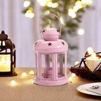 Metal Candle Lantern, Small Sized Tealight Candle Holder with Clear Glass and Openwork Stars for Indoors Outdoors Events Party Weddings (6.29" H,Pink)