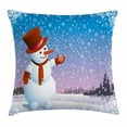 thumbnail image 1 of Snowman Throw Pillow Cushion Cover, Cartoon Happy Snowman Looking at the Snowflake Icy Winter Scenery Evergreen Woods, Decorative Square Accent Pillow Case, 24 X 24 Inches, Multicolor, by Ambesonne, 1 of 2