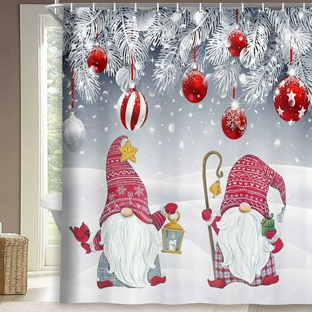 Newhomestyle Christmas Shower Curtain Happy Gnome Xmas Balls Winter Snowflake Shower Curtains for Bathroom, 72 x 72 Inches