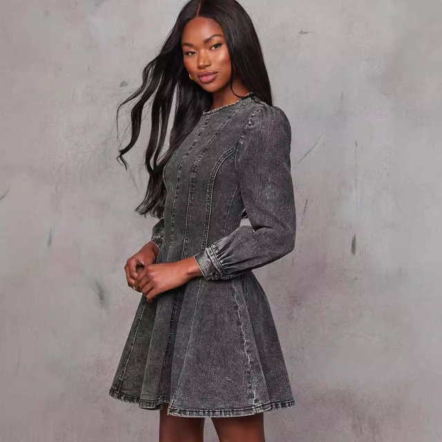 Vestido vaquero elegante para mujer, moda de otoño, cintura alta, cuello redondo, manga larga, plisado, corte en A, informal, ajustado, vestidos de fiesta 2024