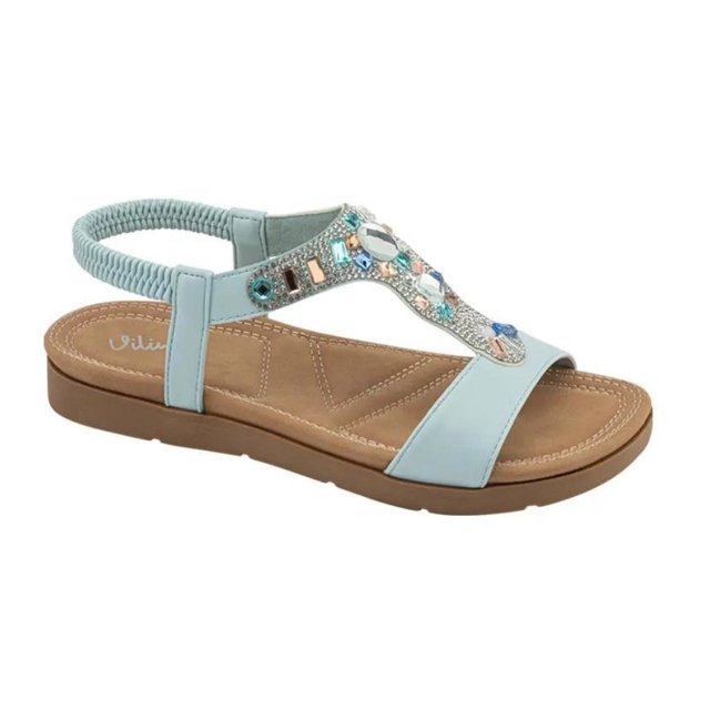 Sandalias casuales de piso con correa de rápido ajuste con diseño de chaquira para mujer