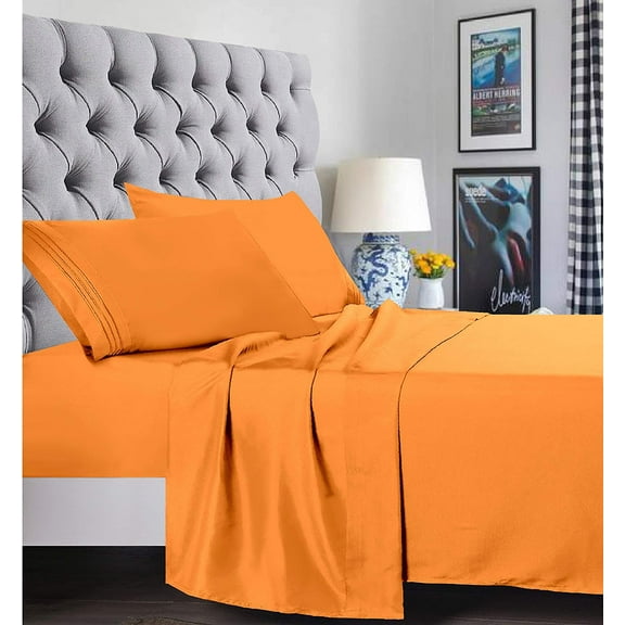 6 Piece Bed Sheets ,Flat Sheet,Fitted and Pillowcase 1800 Series Bed Sheet set-Twin/Twin XL Elite Orange