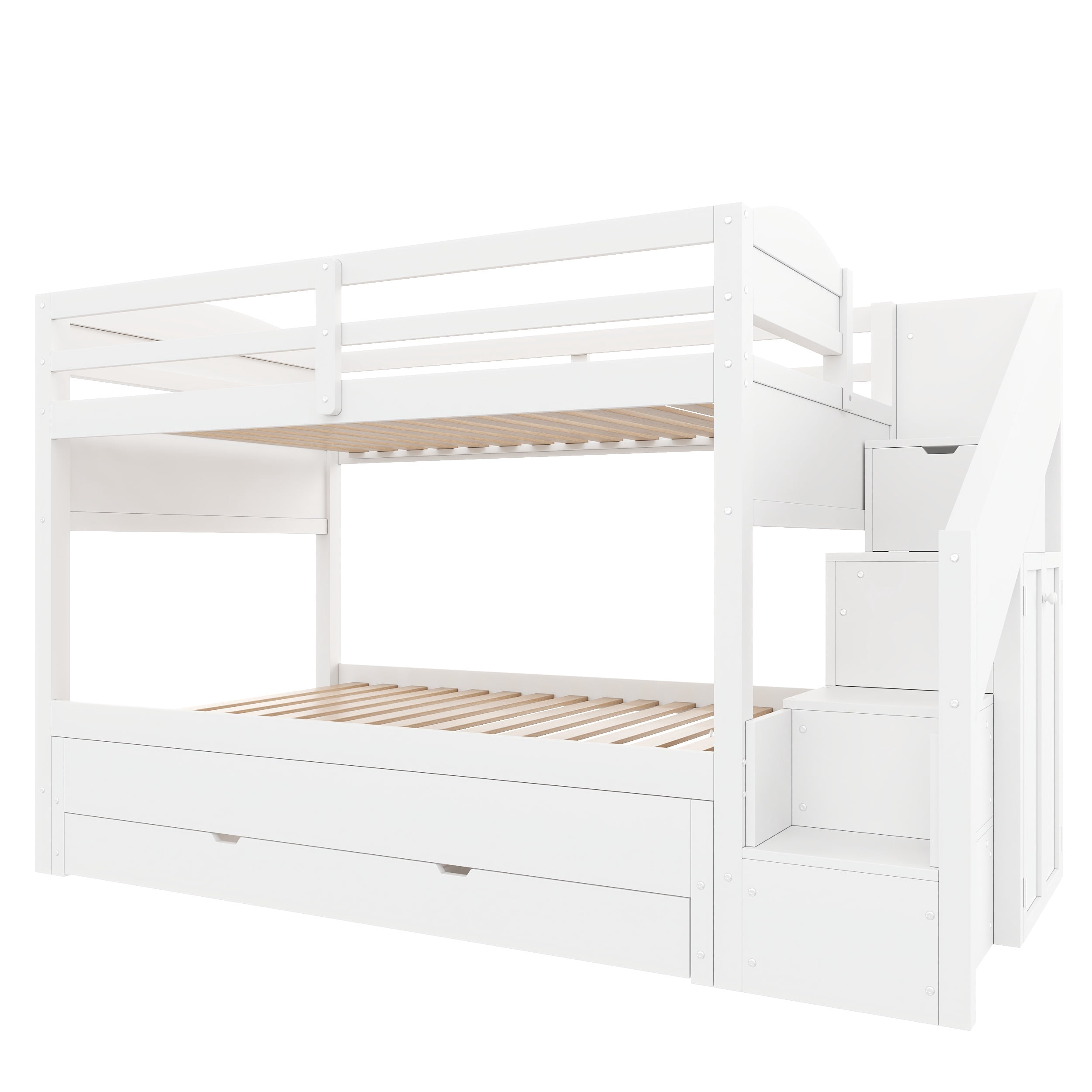 Euroco Wood Twin XL over Twin XL Bunk Bed with Trundle and Drawers,Storage Staircase and Wardrobe, White