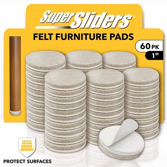 Super Sliders 1 Inch Round Self-Stick Felt Furniture Pads for Hardwood Floors, Beige, 60 Pack