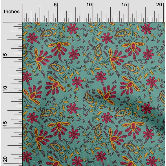 oneOone Viscose Jersey Fabric Leaves & Floral Block Printed Fabric 1 Yard 60 Inch Wide