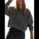 thumbnail image 2 of Sudadera Corta para Mujer, Cuello Redondo, Larga, Talla Grande, Otoño-Invierno 2025, Estilo Jersey Holgado. Gris Oscuro L, 2 of 10