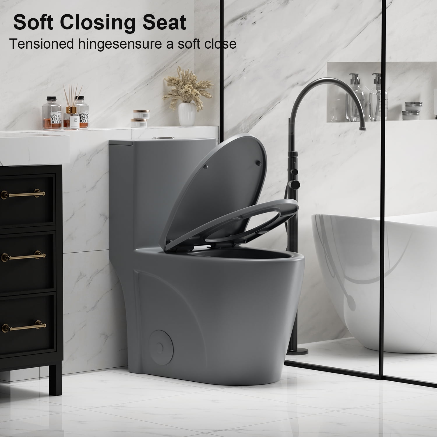 One-Piece Toilet for Bathrooms,Modern Toilet Elongated Bowl with Soft Close Seat,1.1/1.6 GPF,Gray 02