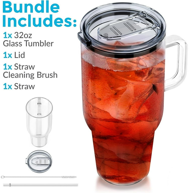 32 Oz Glass Tumbler with Handle, Clear Tumbler with Lid, Straw & Straw  Brush, 32 oz Cup with Lid for Hot & Cold Drinks, Reusable Smoothie & Iced  Coffee Cup, 32 oz