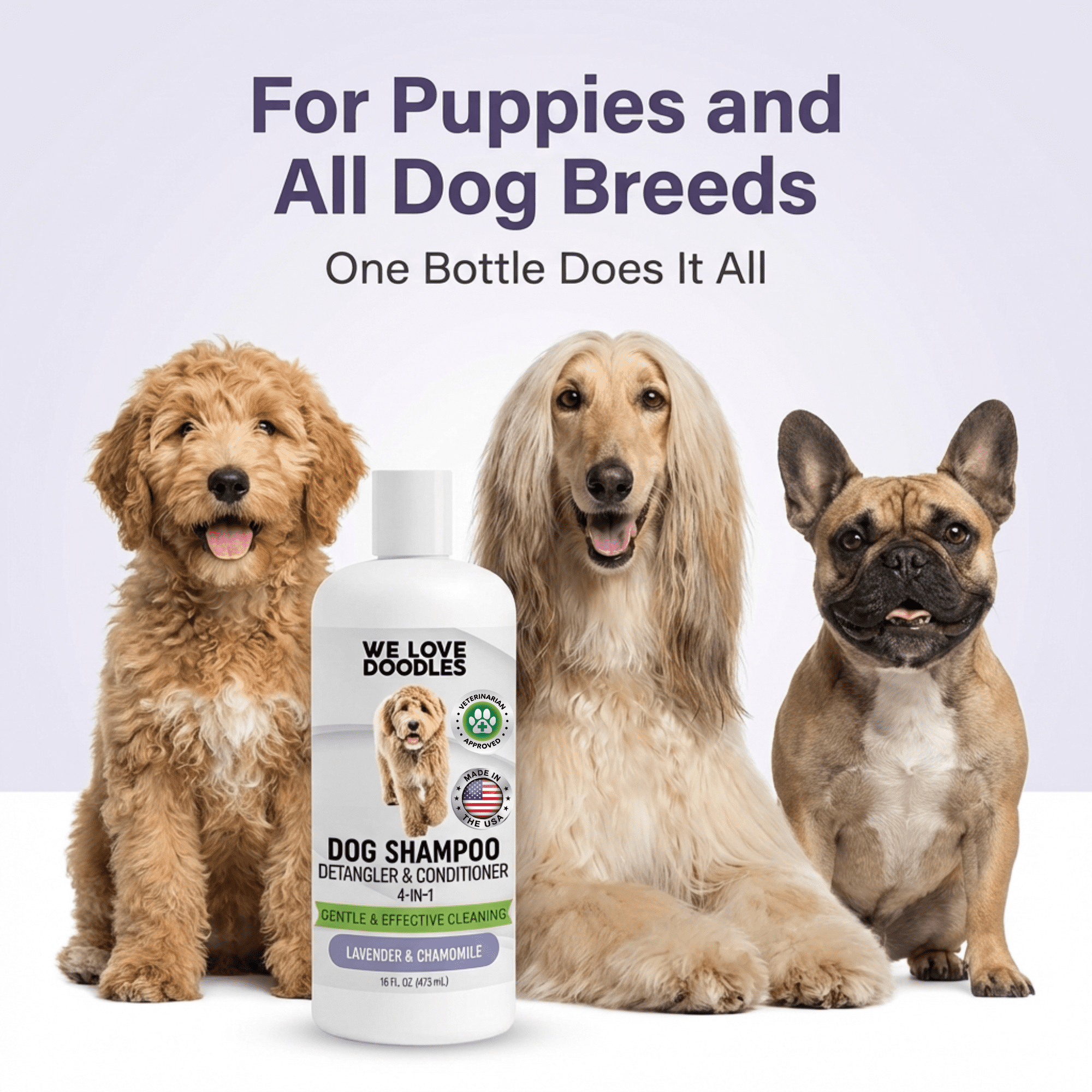 We Love Doodles Organic Professional 4-in-1 Dog Shampoo, Conditioner, Detangler, & Moisturizer, Lavender, 16 fl-oz