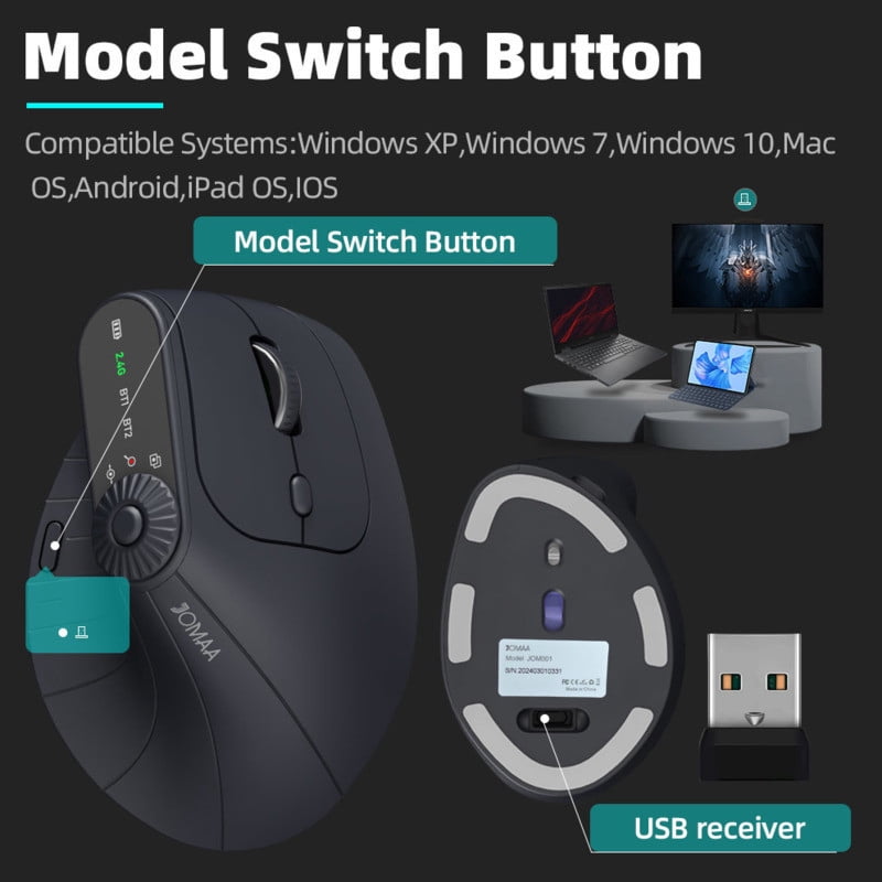 JOMAA Ergonomic Vertical Mouse, Rechargeable Bluetooth & 2.4GHz Wireless Mouse, 3 Device Multi-Connection, USB-A Optical Mice Compatible with Windows Mac OS, Black