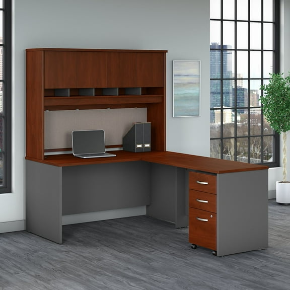 Series C 60W L Desk with Hutch and Drawers in Hansen Cherry - Engineered Wood