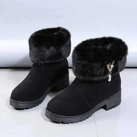 

Juebong Boots on Sale Women s Winter Mid Calf Chunky Heel Snow Boots Casual Round Toe Booties Fashion Plush Boots Black 5.5