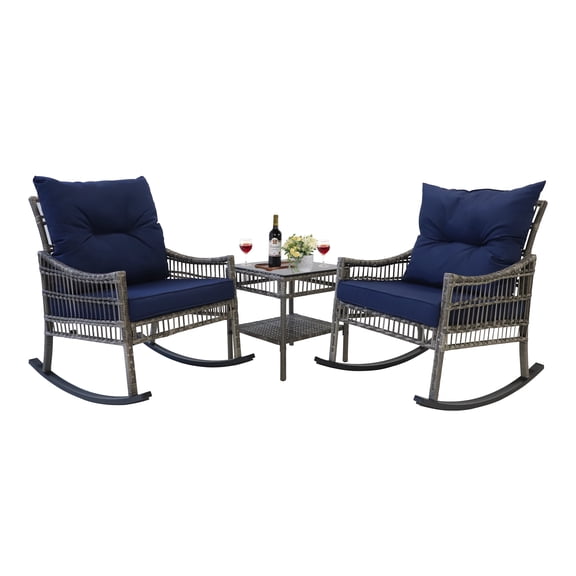 VEIKOUS 3-Piece Outdoor Bistro Sets with Rattan Rocking Chair and Tempered Glass Table, Blue