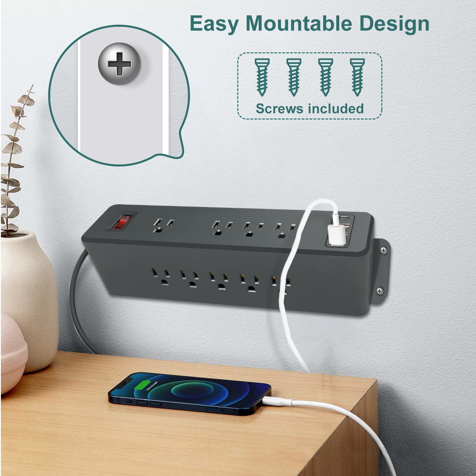 9 Outlets Wall Mount Power Strip with Fast Charge USB C, 13-in 1 Electrical Outlets