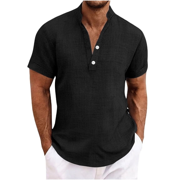 Cotton Henley for Men Casual T-Shirts Summer V Neck Short Sleeve Solid Color T-Shirt Band Collar V Neck Button Tops Beach Vacation Tees