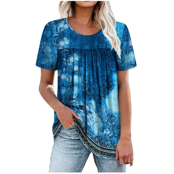 Taqqpue Womens Summer Plus Size Tops V Neck Floral Print Short Sleeve Shirts Loose Fit Tunic Ladies Casual Soft Flowy Blouse Tops
