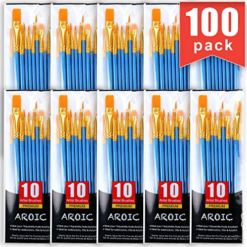 AROIC Ensemble de Pinceaux de Peinture, 10 Paquets/100 Pcs, Tête de Pinceau en Nylon, Adapté pour l'Huile et l'Aquarelle, Parfait pour la Peinture d'Art, Meilleur Cadeau pour les Amateurs de Peinture