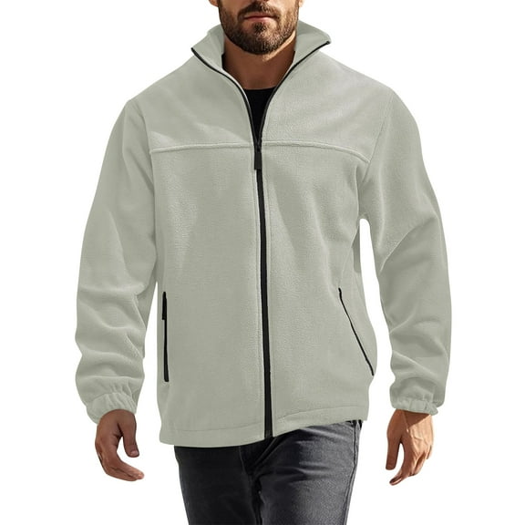 WTOBBY Men's Stand Collar Plush Jacket, Solid Color Zippered Outdoor Coat, Casual Sports Style Cold Weather Wear with Soft Interior lining,Beige L