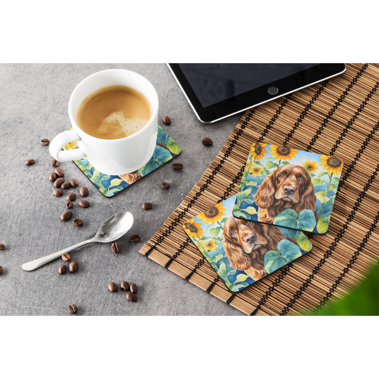 English Cocker Spaniel in Sunflowers Foam Coasters 3.5 in x 3.5 in