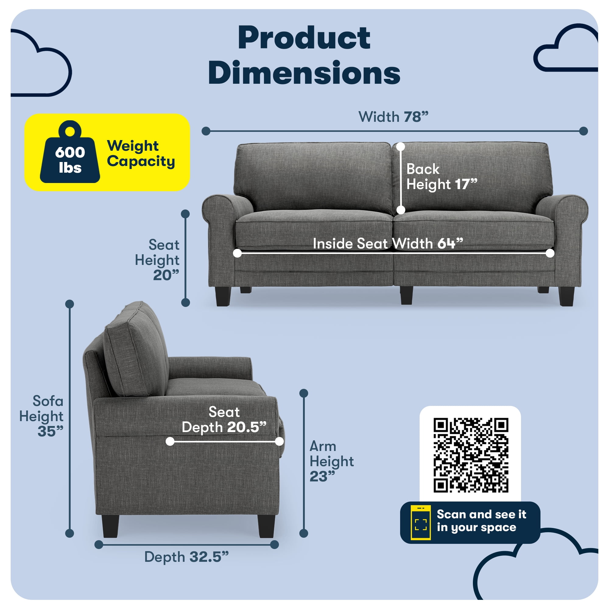 Serta Copenhagen 78" Rolled Arm Sofa, Easy Care Polyester, Loveseat or Couch for Small Spaces, Gray
