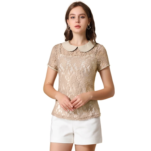 INSPIRE CHIC Women's See Through Contrast Color Collar Lace Top Blouse