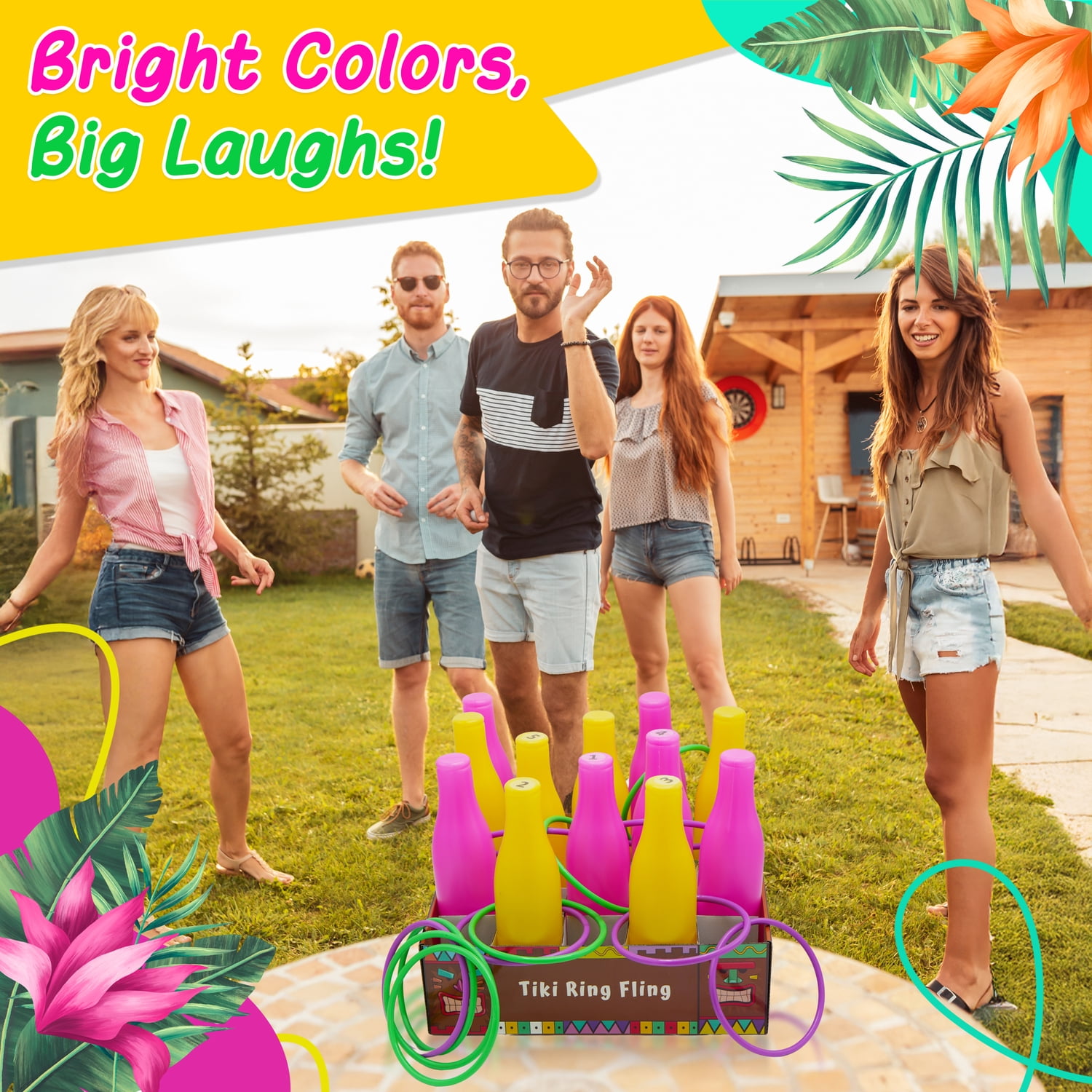 4E's Novelty Tiki Bottle Ring Toss Game Set, 12 Colorful Bottles, Luau Party Games