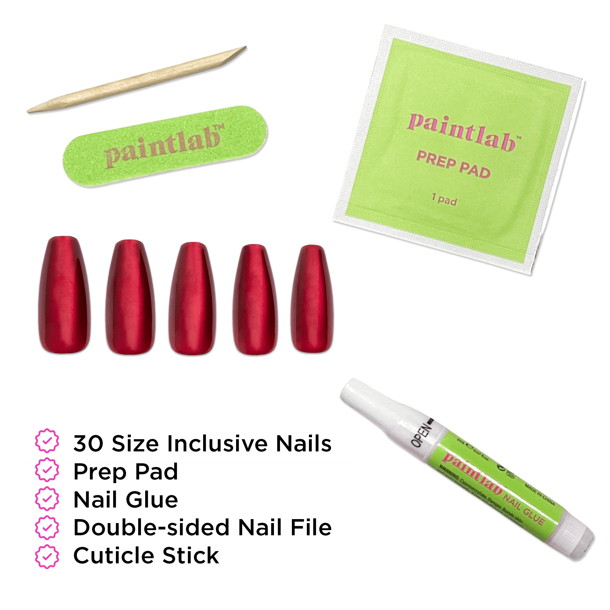 PaintLab Long Sleek Coffin Press On Nails, Red Ruby, 30 Count