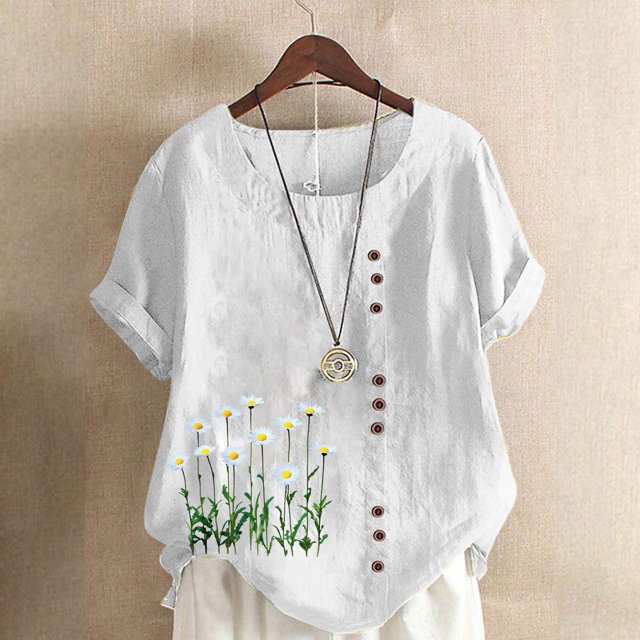 Lydiaunistar Women's Spring Casual Short Sleeve Printed Button Blouse Tops Plus Size, Lightweight Polyester Round-Neck T-shirt for Daily Wear with Sizes White