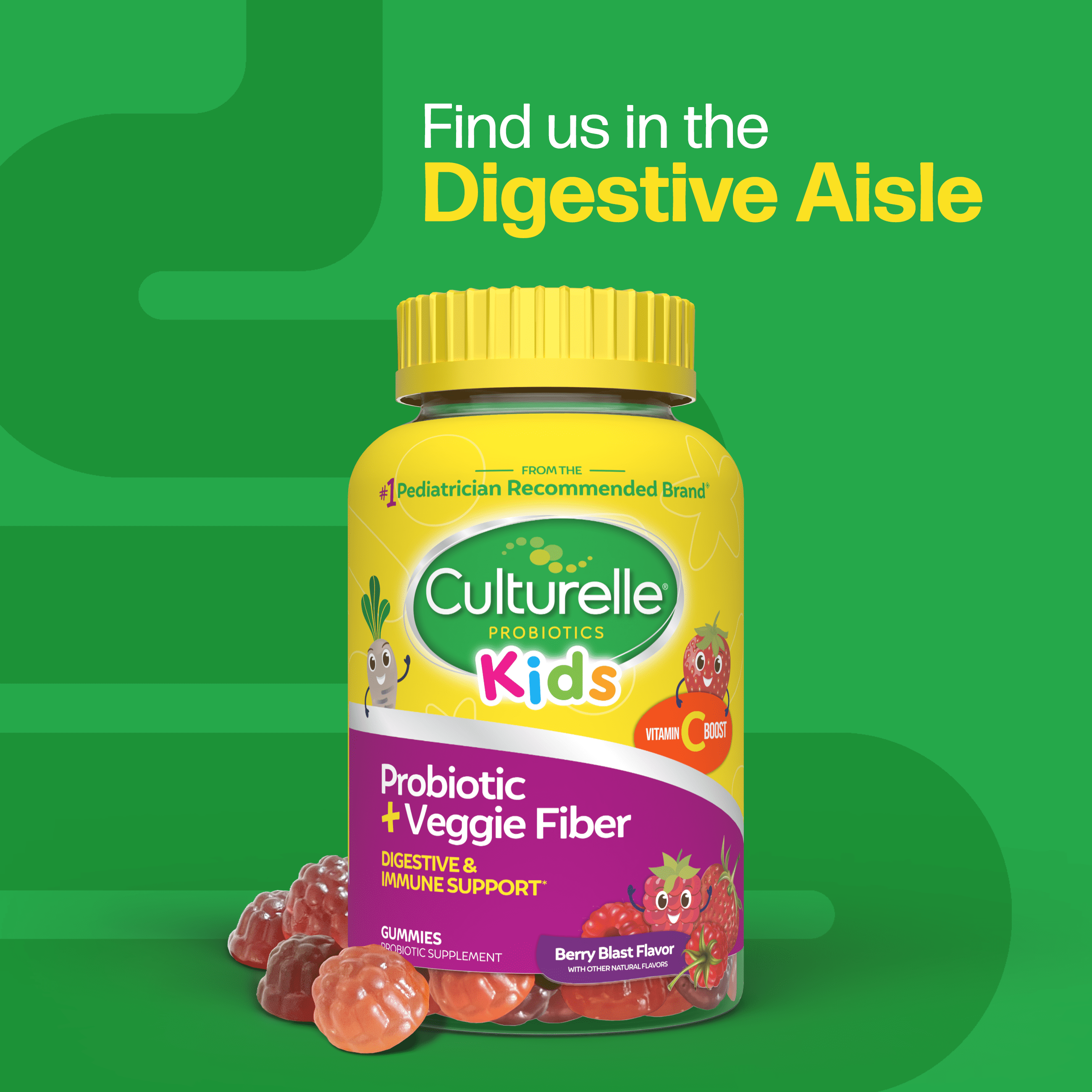 Culturelle Probiotics Kids Veggie Fiber + Probiotic Daily Gummies Supplement, Immunity & Digestion Support for Children, Berry Blast Flavor, 60 Count