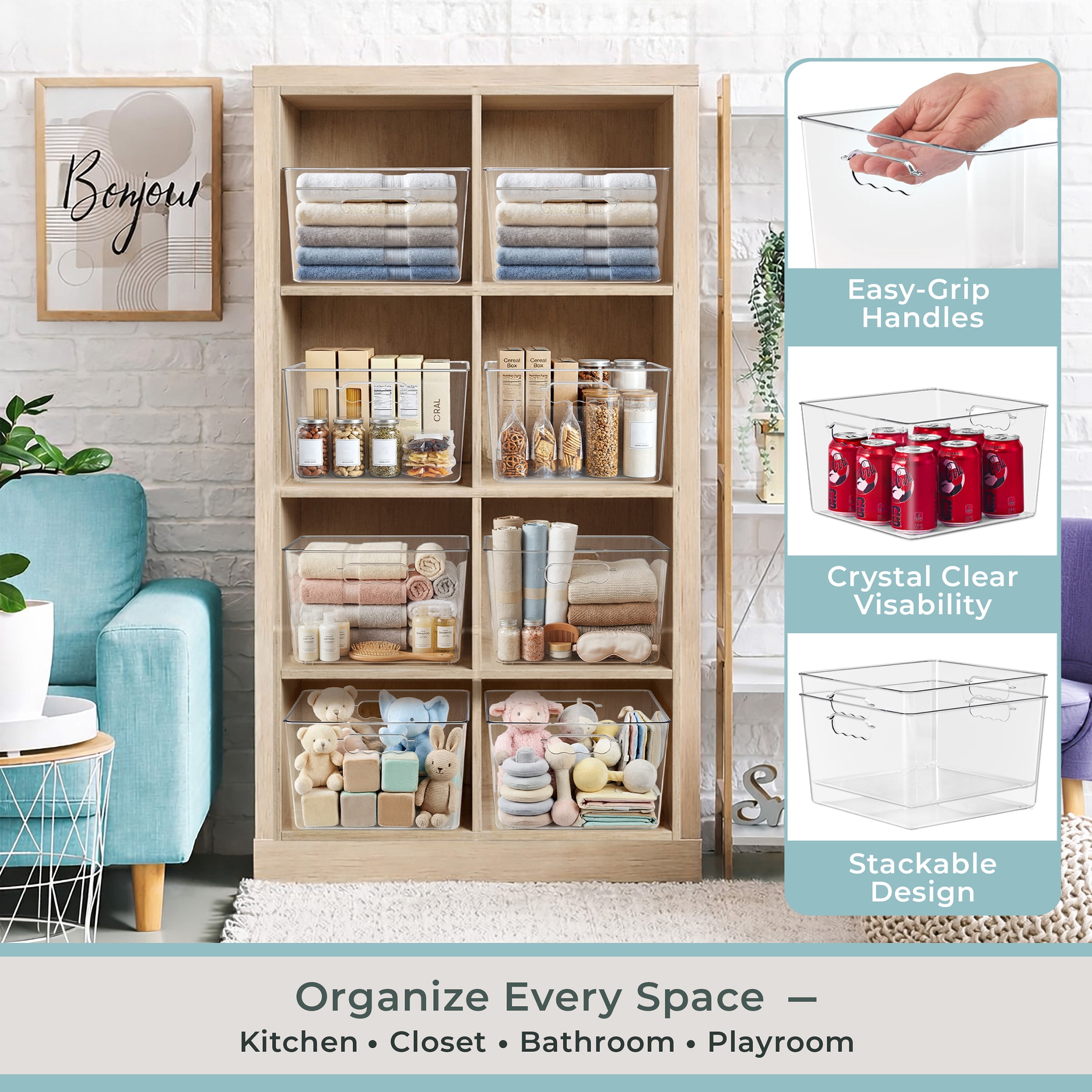 Sorbus 8-Pack Clear Stackable Storage Bins with Handles, BPA-Free Large Square Organizers