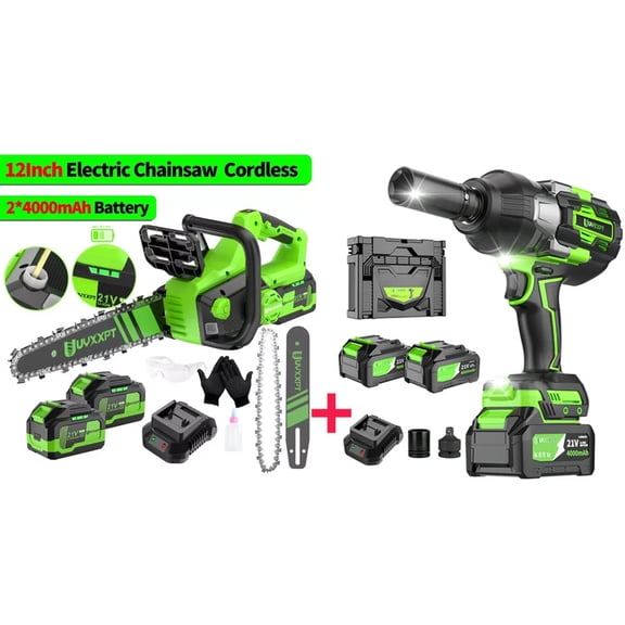 TASHHAR 12 Inch Cordless Electric Chainsaw 2 Battery with 1/2'' Electric Impact Wrench Cordless Brushless Gun 600N. m Cost-Effective Combination